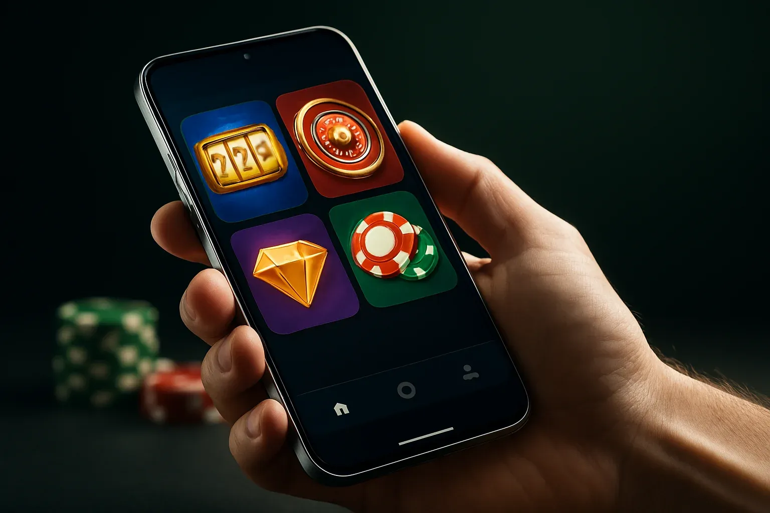 Flagship Android smartphone displaying a vivid premium casino app interface