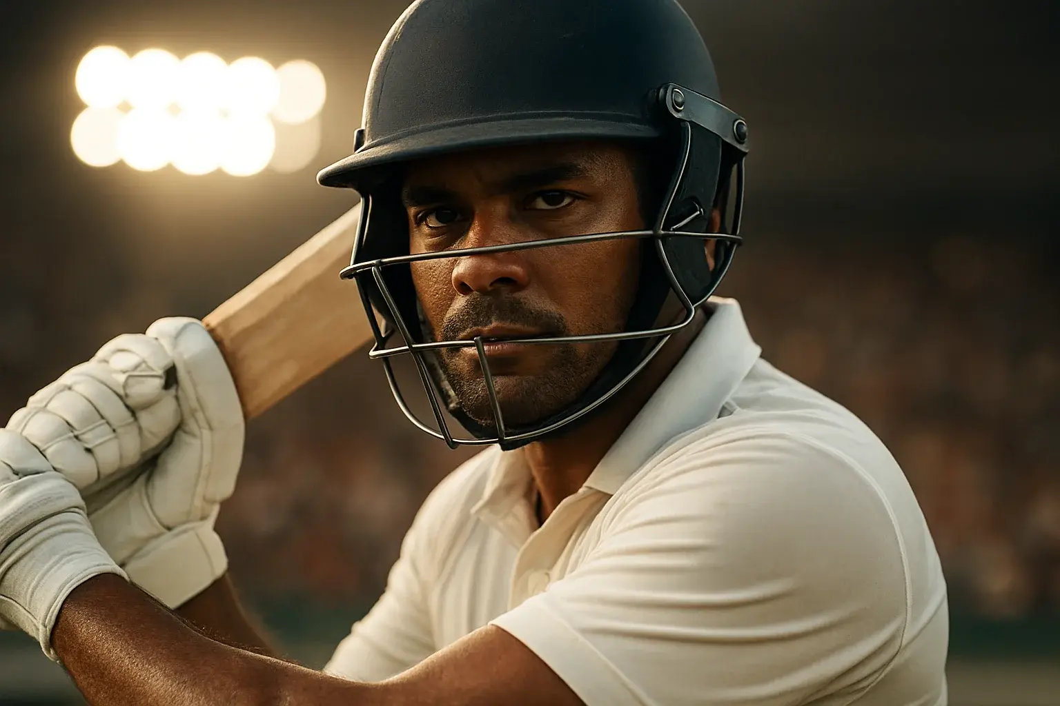 Bangladeshi male cricket batsman mid-swing under stadium floodlights in white kit