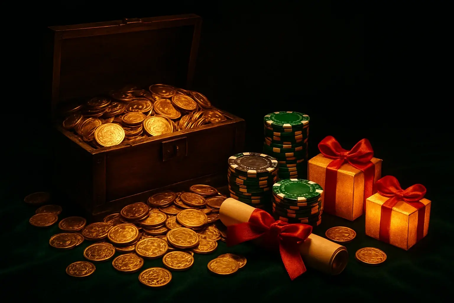 Overflowing treasure chest with coins, casino chips, vouchers, and gift boxes