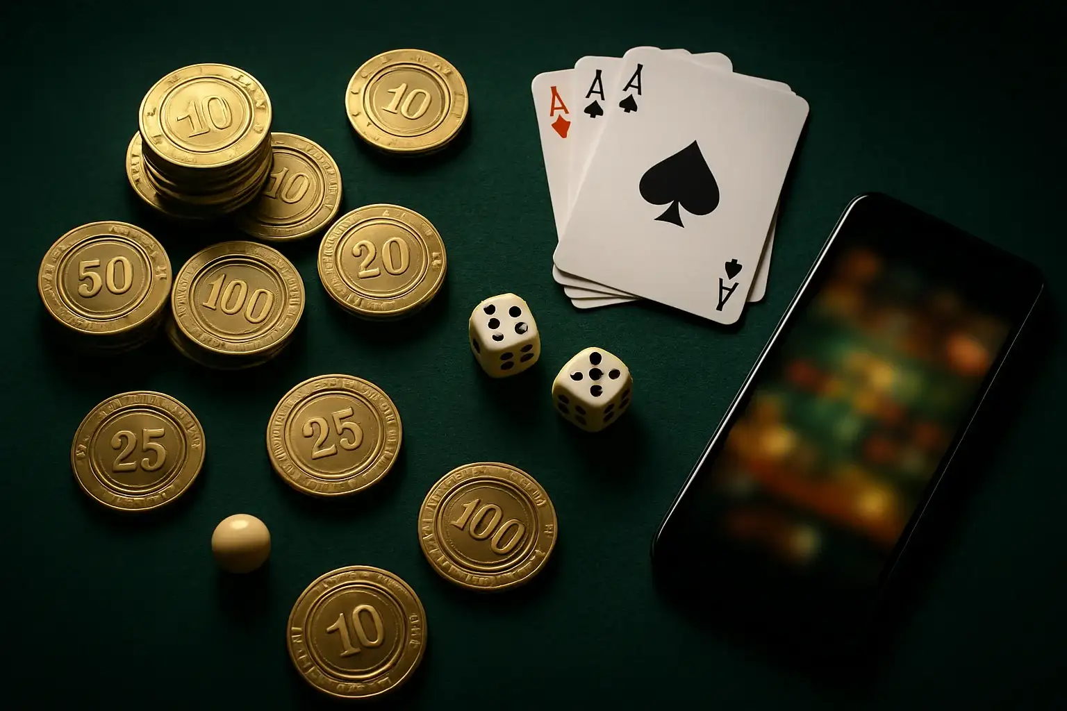 Top-down casino table with chips, cards, dice, roulette ball, smartphone