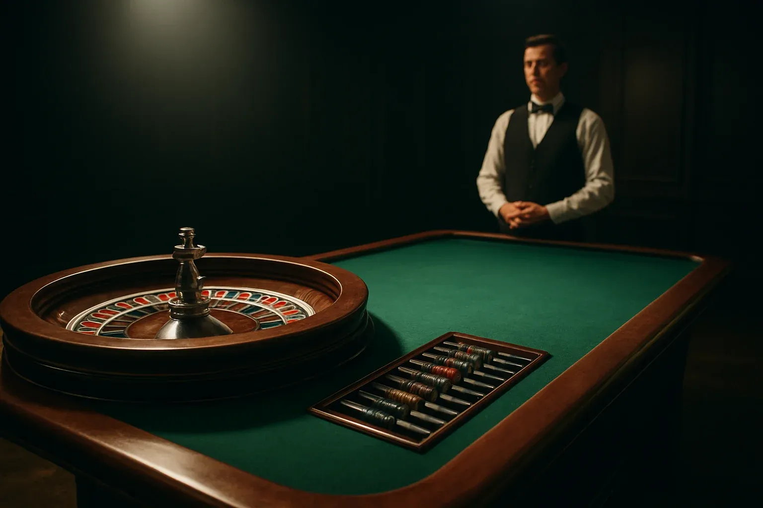 Hyperrealistic live casino studio with empty roulette table and dramatic lighting