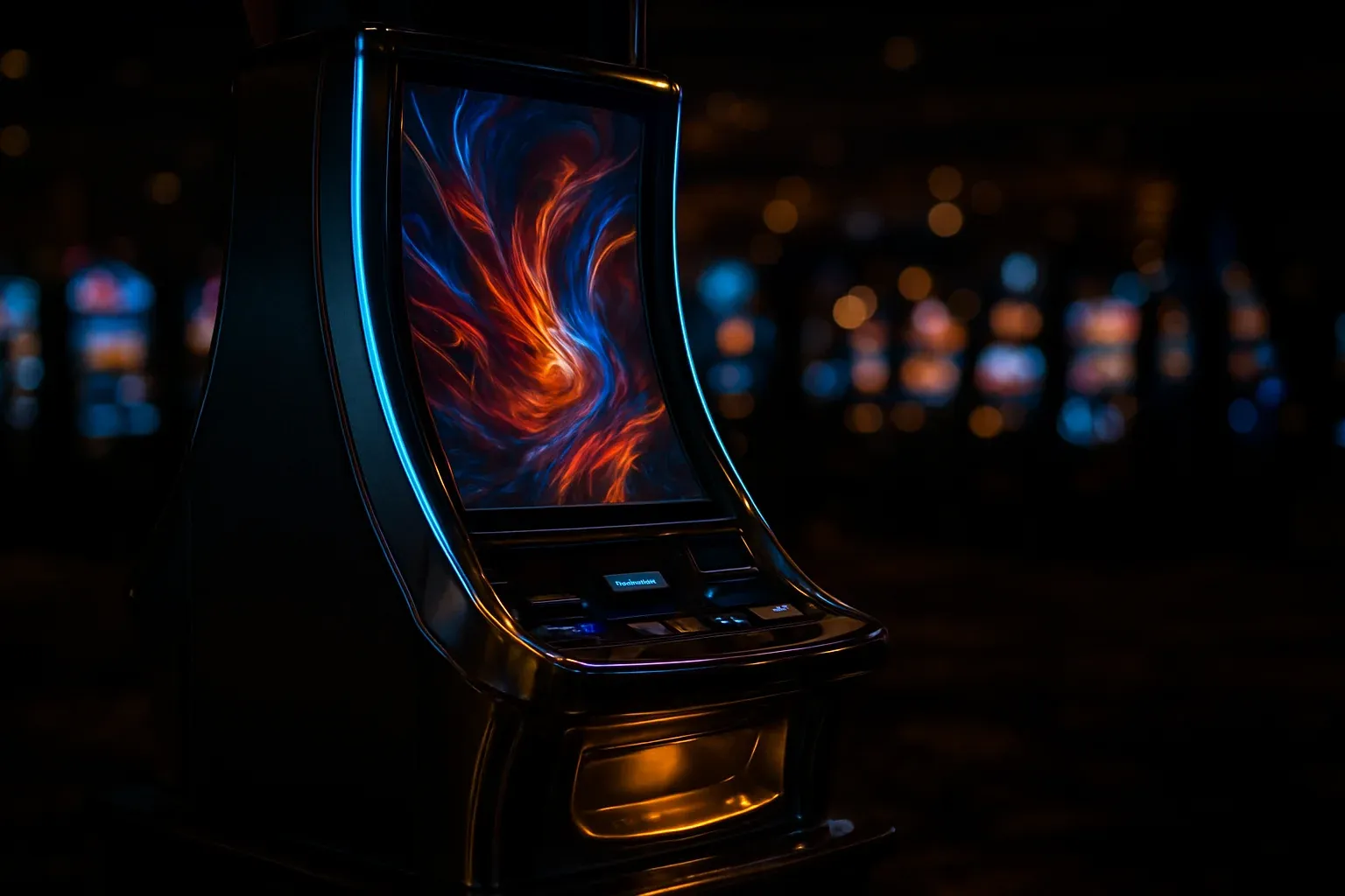 Premium slot machine glowing in dark luxury casino with neon lighting